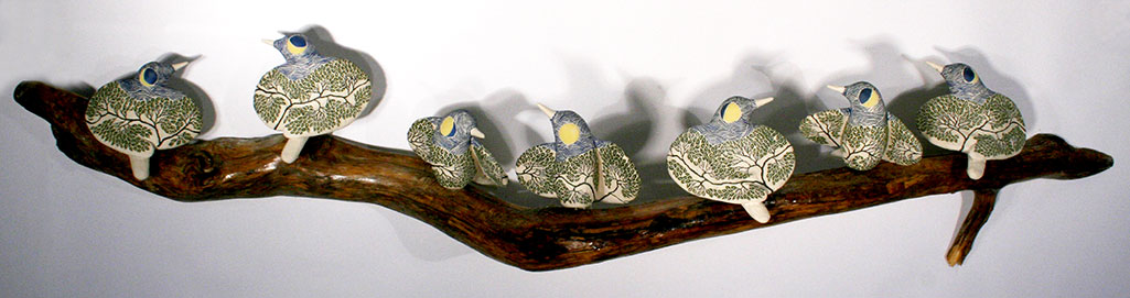 cathy weber - art - clay - woman - montana - ceramic - porcelain - bird - red wing - phases - forest - carved - moon - tree