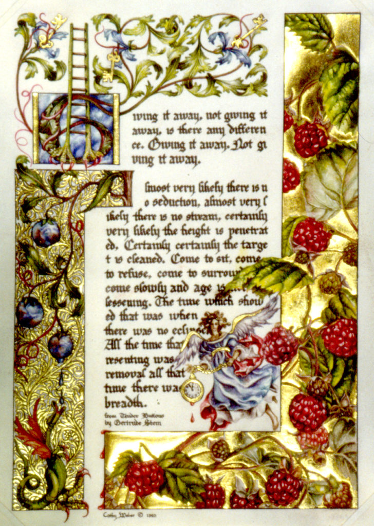 cathy weber - art - illumination - calligraphy - manuscript - watercolor - woman - rose - montana - gertrude stein - tender buttons - raspberry