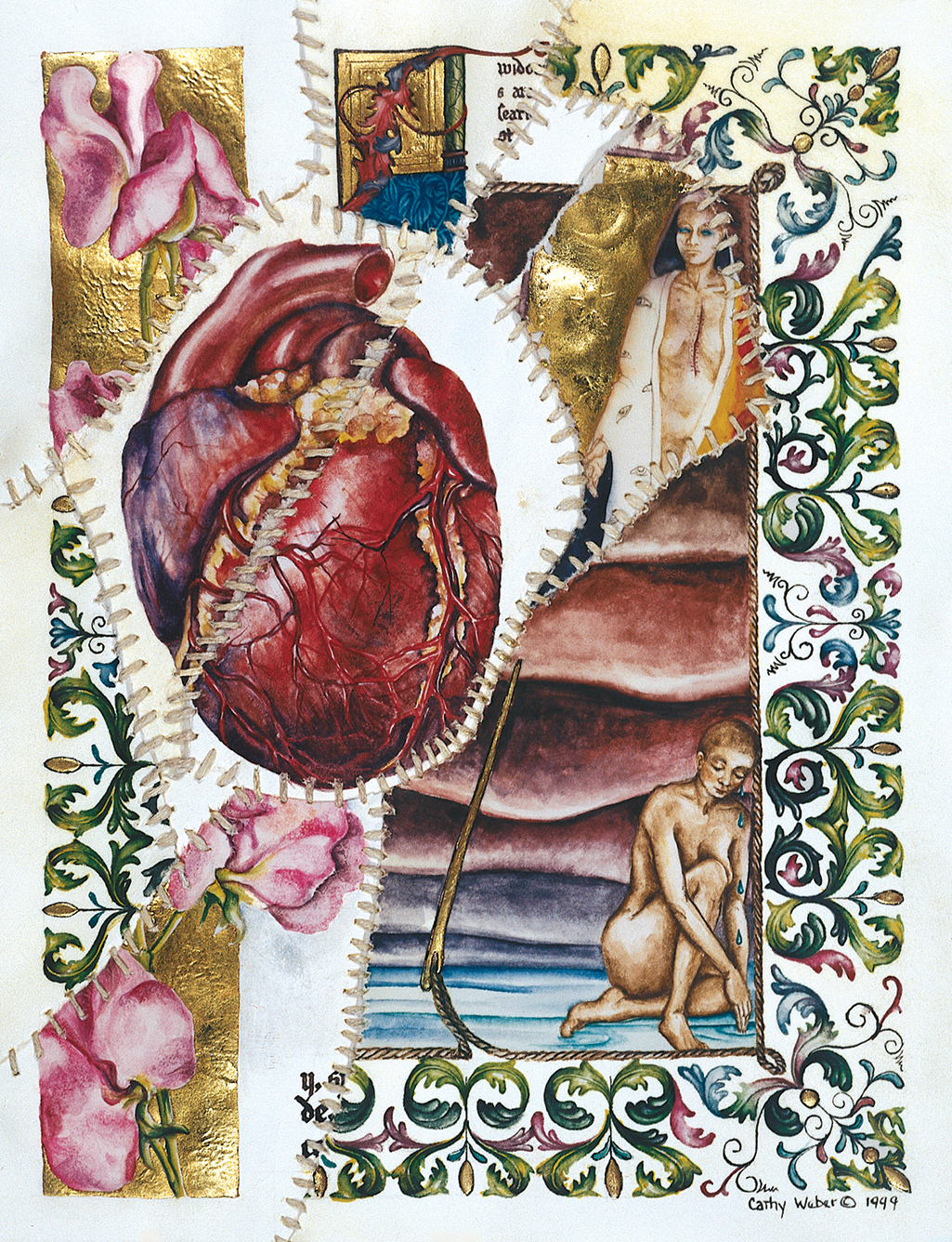 cathy weber - art - painting - woman - watercolor -illumination- montana - painting - parchment - skin - grief - heart - blood