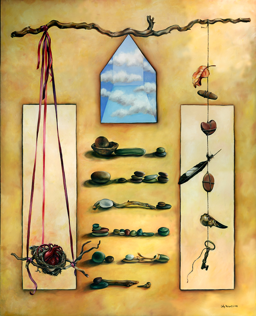 08.005 - cathy weber - artist - oil painting - montana - sky house, object poem -feather- key - woman - egg - balance - stone - art - heart - nest