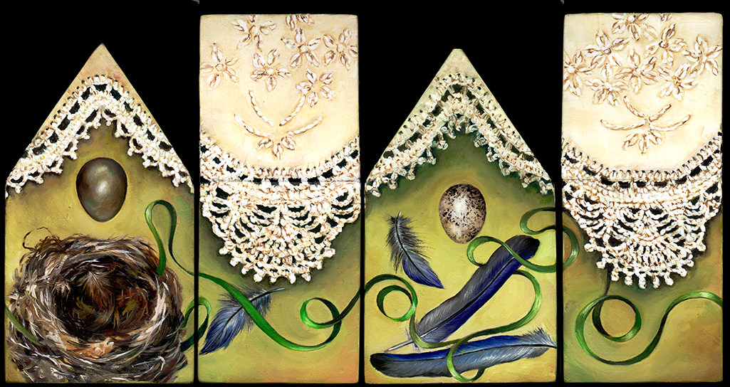 cathy weber - art - painting - woman -house - book art - artist book - book- river - montana - oil painting - crochet - nest - feather - egg