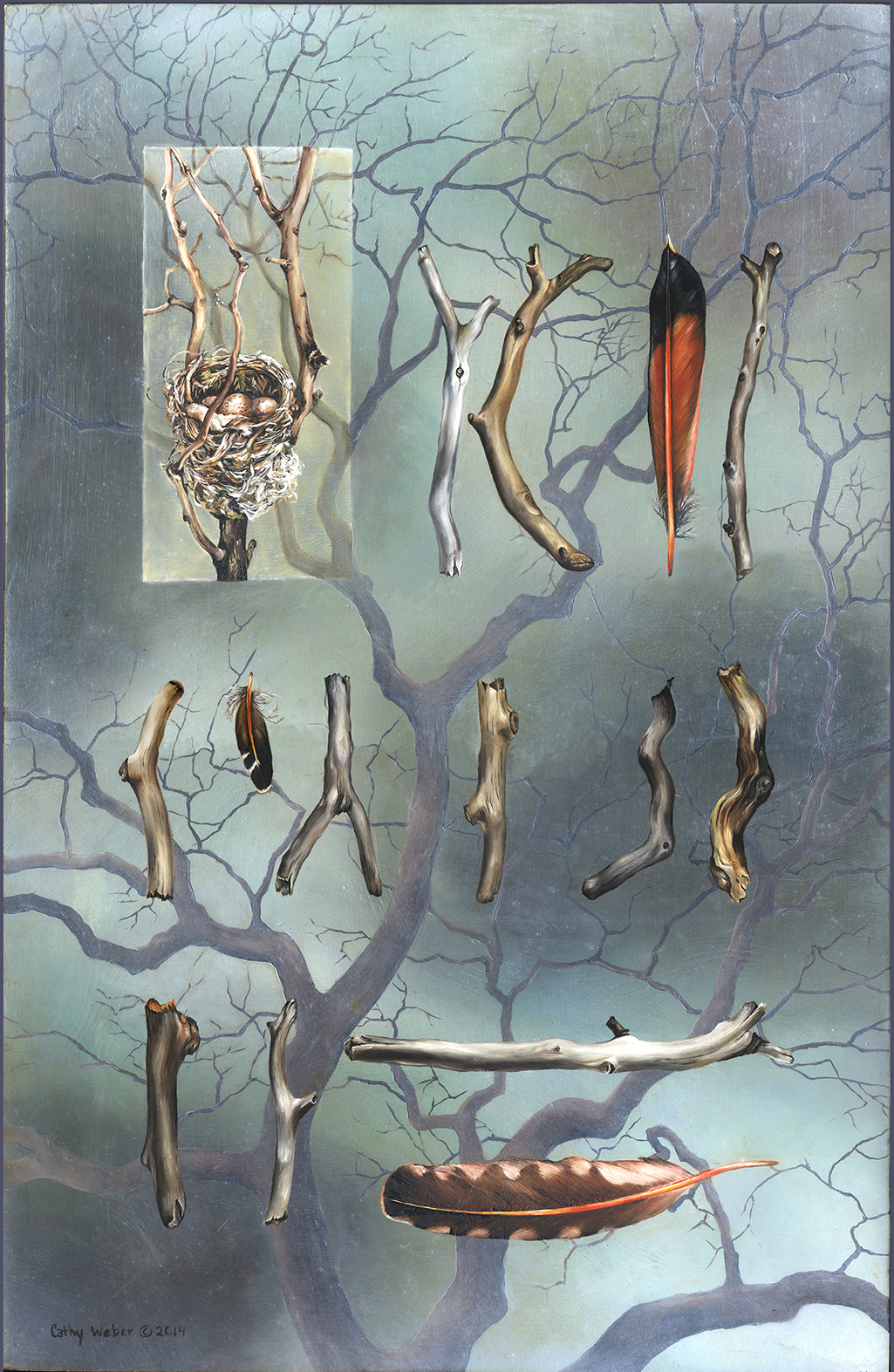 cathy weber - art - oil painting - nest - sticks - feather - object poem - tree - montana